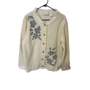 Alfred Dunner wool cardigan floral embellishment and pearls sz L